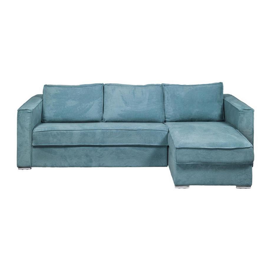 Vente-unique Canapé d'angle convertible express et réversible en velours côtelé bleu turquoise - Couchage à lattes larges 140 cm - Matelas 22 cm LORETO  