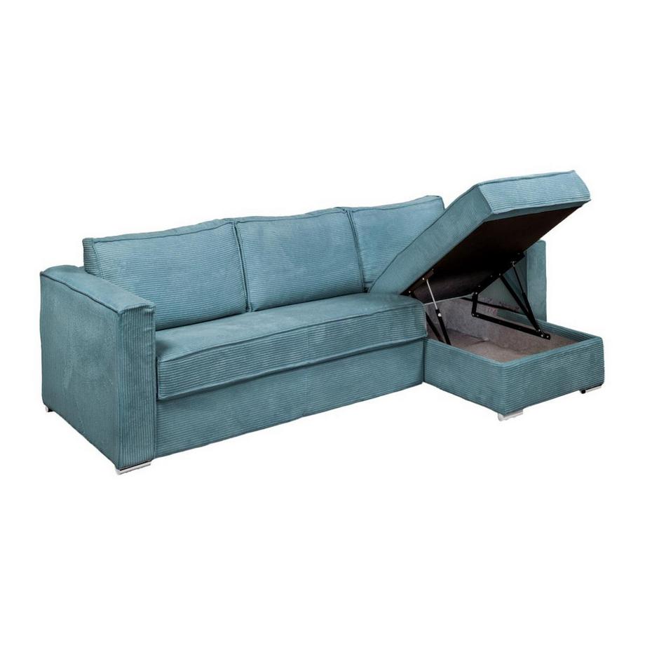 Vente-unique Canapé d'angle convertible express et réversible en velours côtelé bleu turquoise - Couchage à lattes larges 140 cm - Matelas 22 cm LORETO  