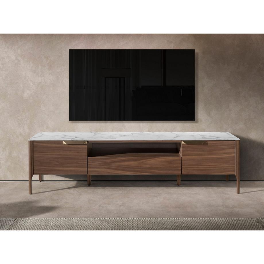 ANGEL CERDA Porta TV in noce con piano in vetro a imitazione del marmo  