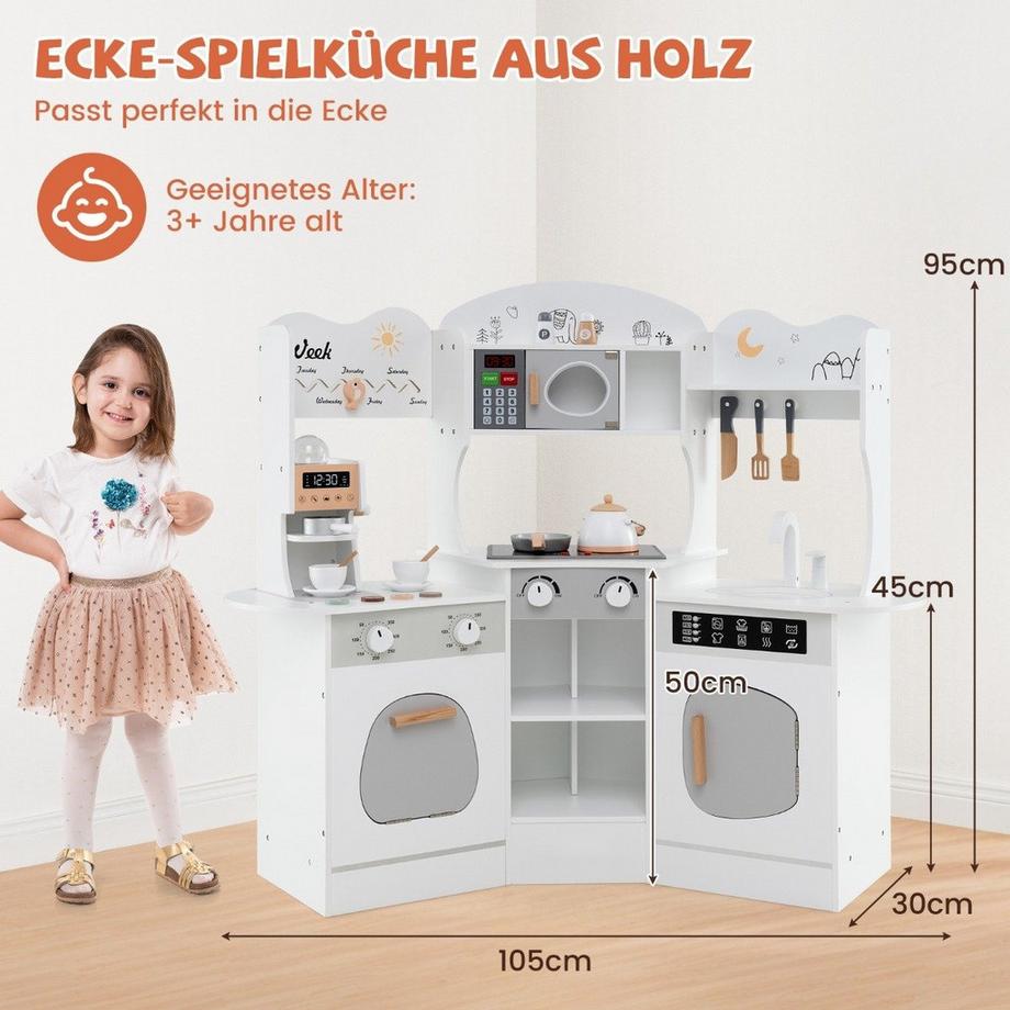 Northio  Holz Eck Spielküche mit Sound & Licht & Kaffeemaschine & Rutsche Kleinkind Küchen Spielset Weiß 