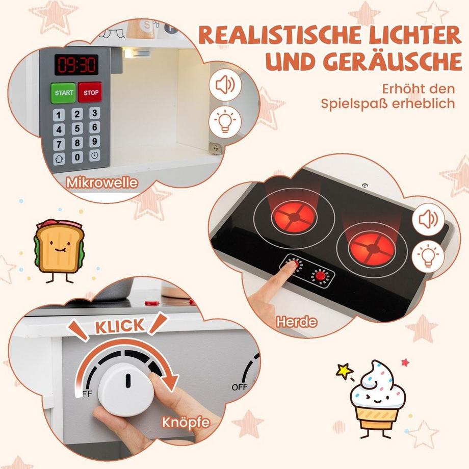 Northio  Holz Eck Spielküche mit Sound & Licht & Kaffeemaschine & Rutsche Kleinkind Küchen Spielset Weiß 