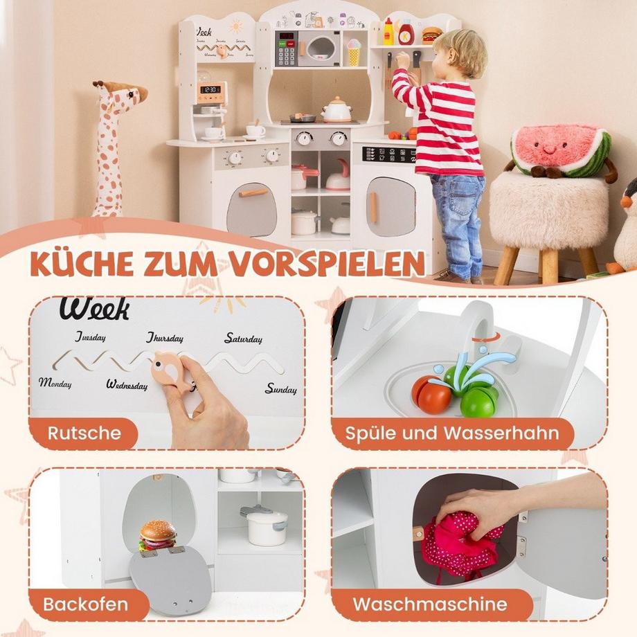 Northio  Holz Eck Spielküche mit Sound & Licht & Kaffeemaschine & Rutsche Kleinkind Küchen Spielset Weiß 