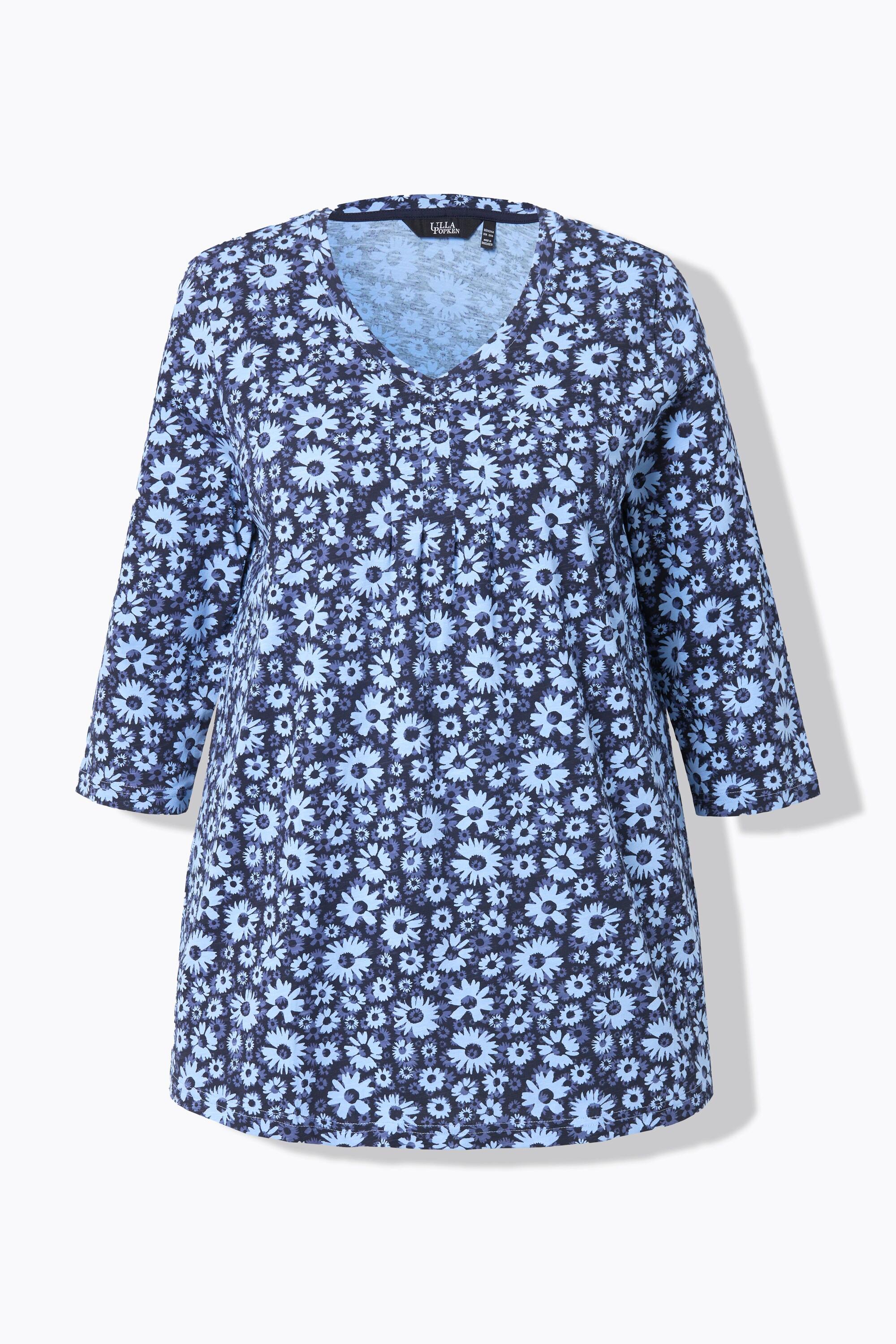 Ulla Popken  T-shirt à fleurs, plis fantaisie, col en V et manches 3/4, coupe évasée 