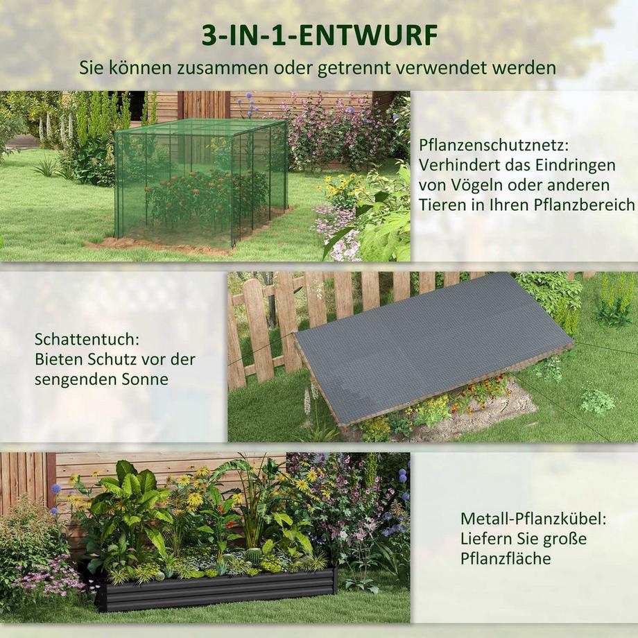 Northio Hochbeet aus Stahl mit Vogelschutznetz, dunkelgraues Gartenbeet für Balkon & Terrasse, 230x110x110cm, idealer Sonnenschutz  