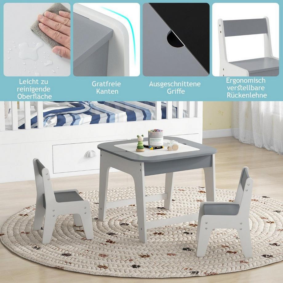 Northix  Kindertisch mit 2 Stühlen 3 TLG Kindersitzgruppe Holz mit Doppelseitiger Tischplatte Grau 