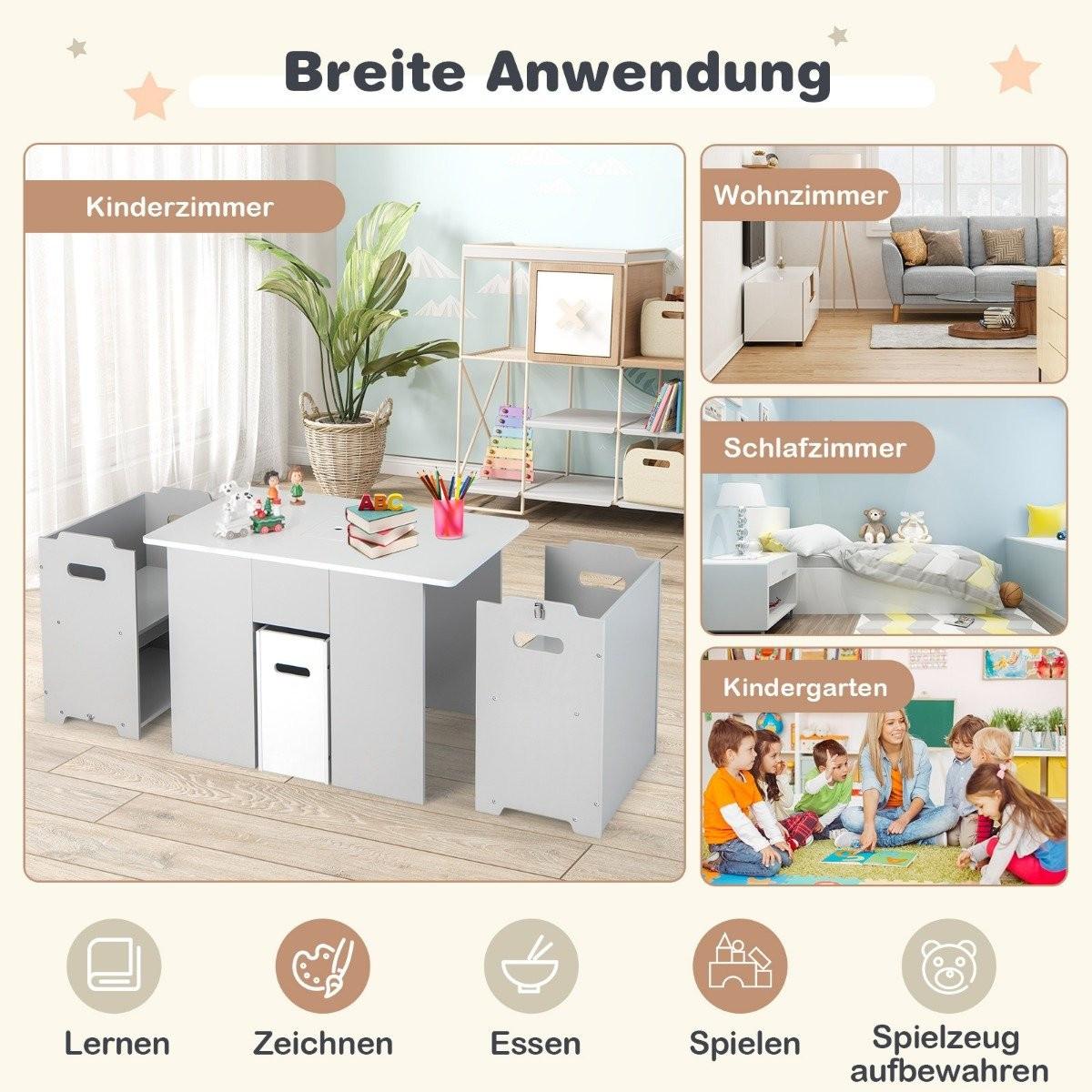 Northix  Ensemble 3 pièces table et chaises pour enfants Table d'activités 4 en 1 avec 2 chaises empilables grises et blanches 