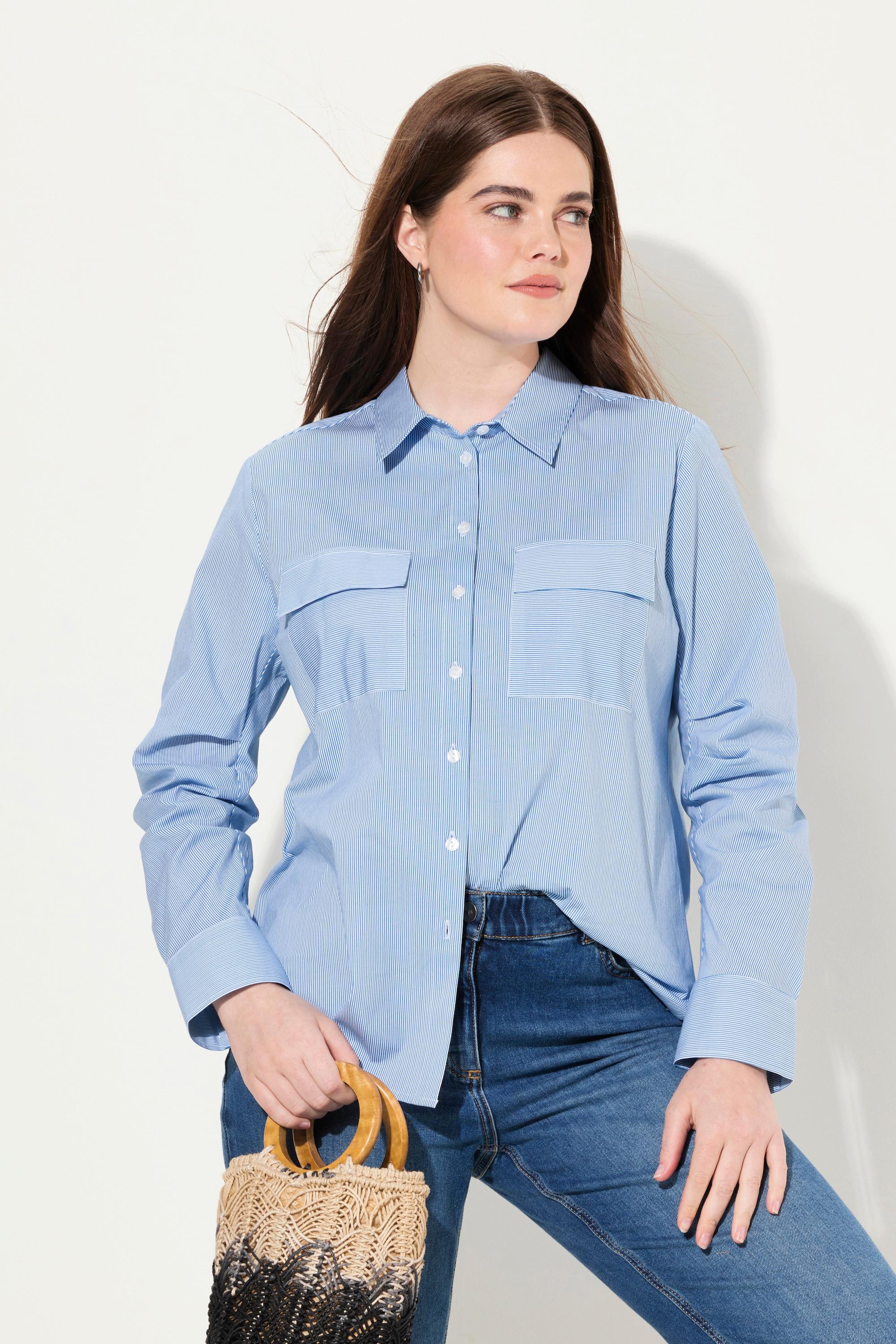 Ulla Popken Camicetta a Righe Maniche Lunghe con Pieghe Decorative Cotone Biologico  