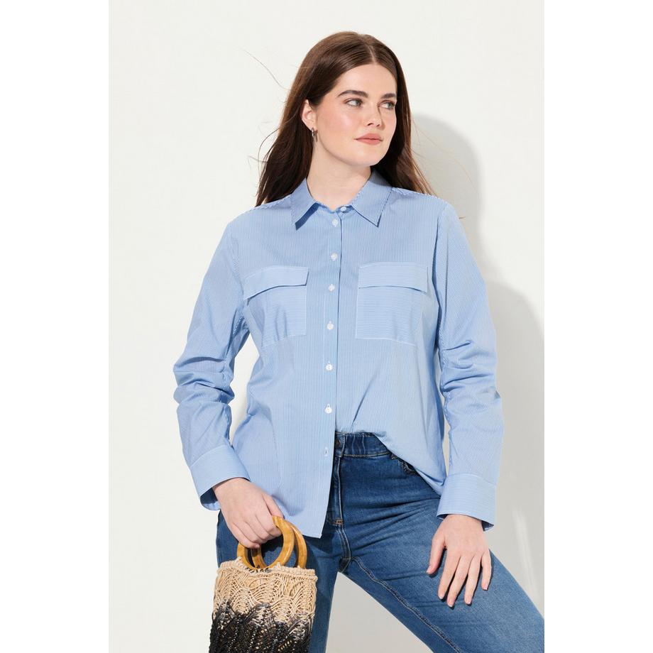 Ulla Popken Streifenbluse Langarm mit Zierfalten Biobaumwolle  