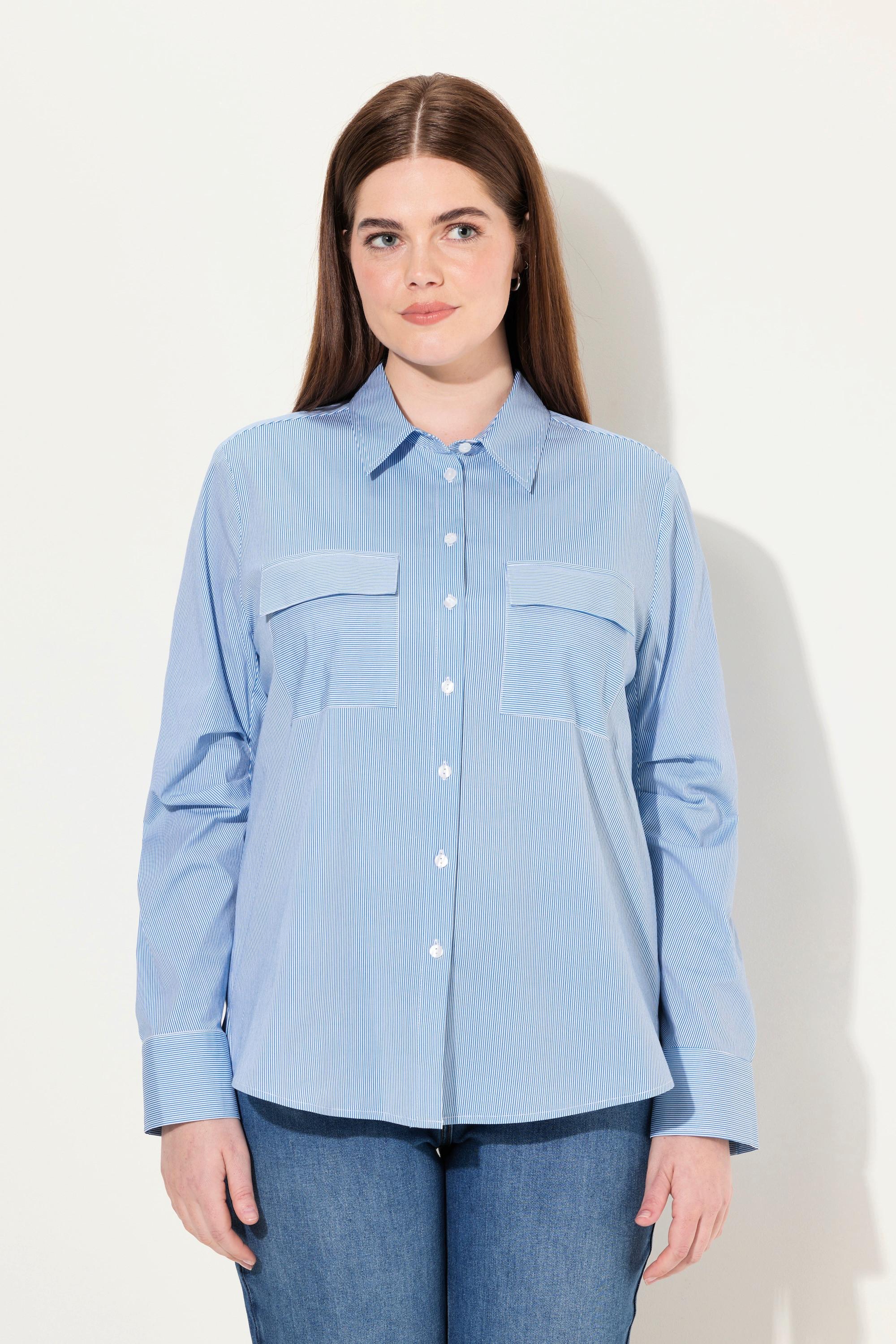 Ulla Popken Camicetta a Righe Maniche Lunghe con Pieghe Decorative Cotone Biologico  