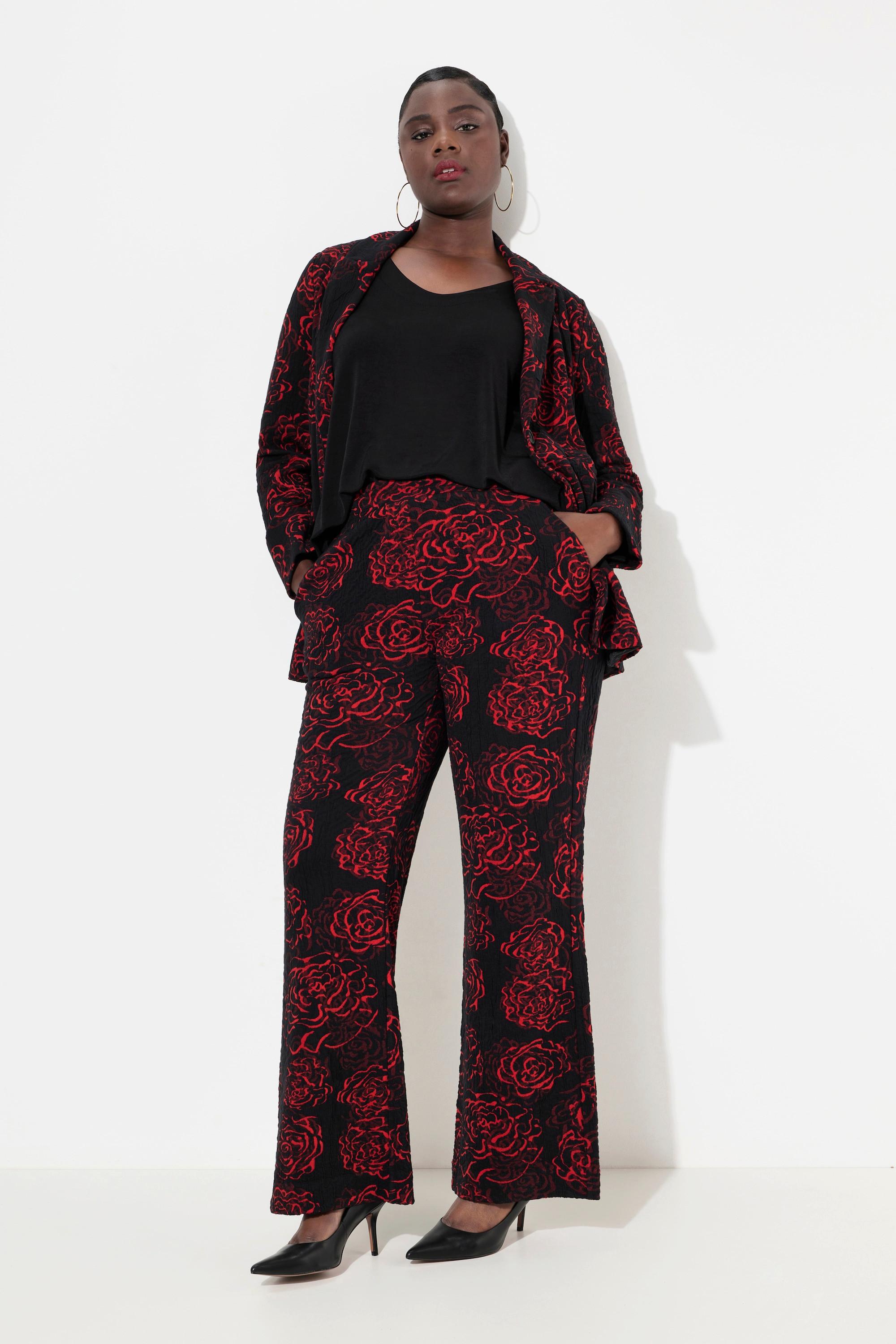 Ulla Popken  Pantaloni di jersey jacquard con fiori, taglio della gamba ampio e cintura elastica 