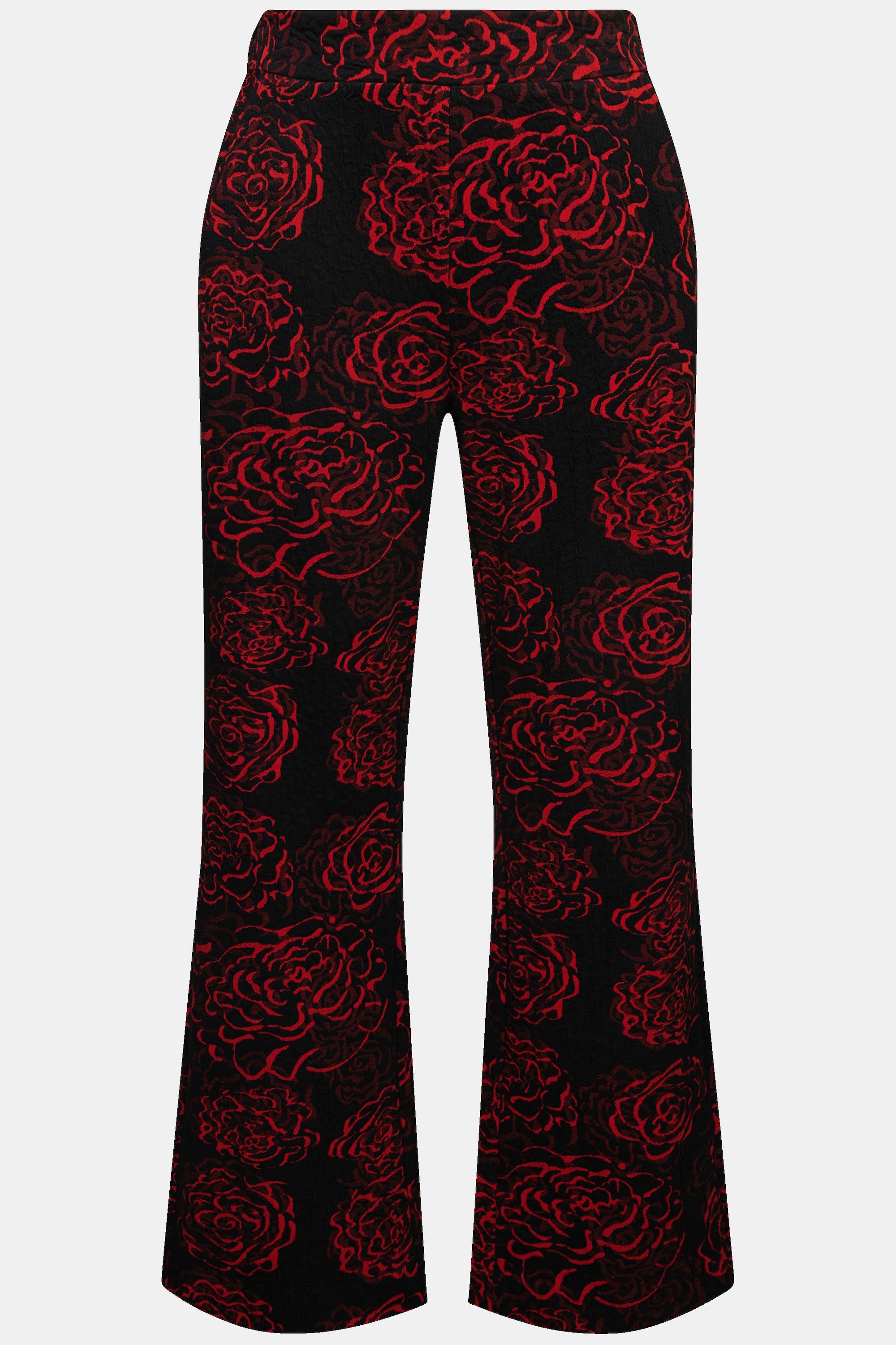 Ulla Popken  Pantalon en jersey, motif Jacquard à fleurs, jambe large et taille élastique 