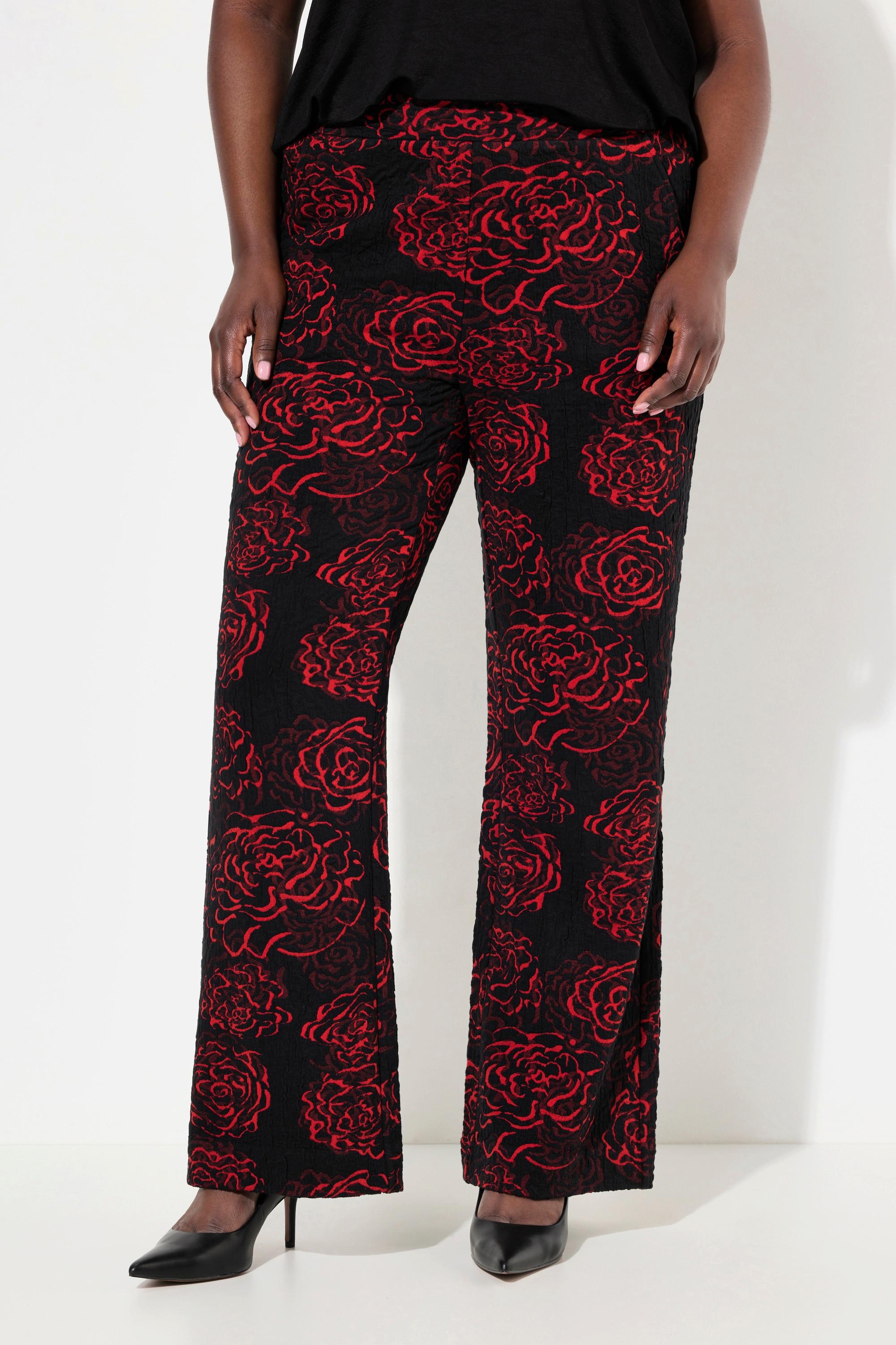 Ulla Popken  Pantalon en jersey, motif Jacquard à fleurs, jambe large et taille élastique 