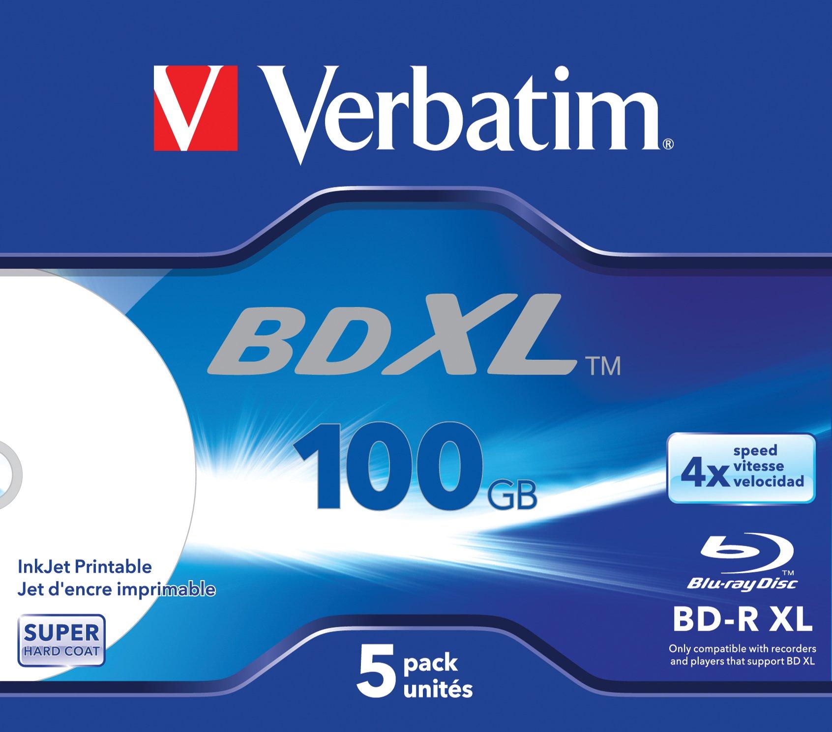 Verbatim  Verbatim BD-R XL 100GB* 4x Ampia area stampabile a getto d'inchiostro, 5 pezzi in Jewel case 