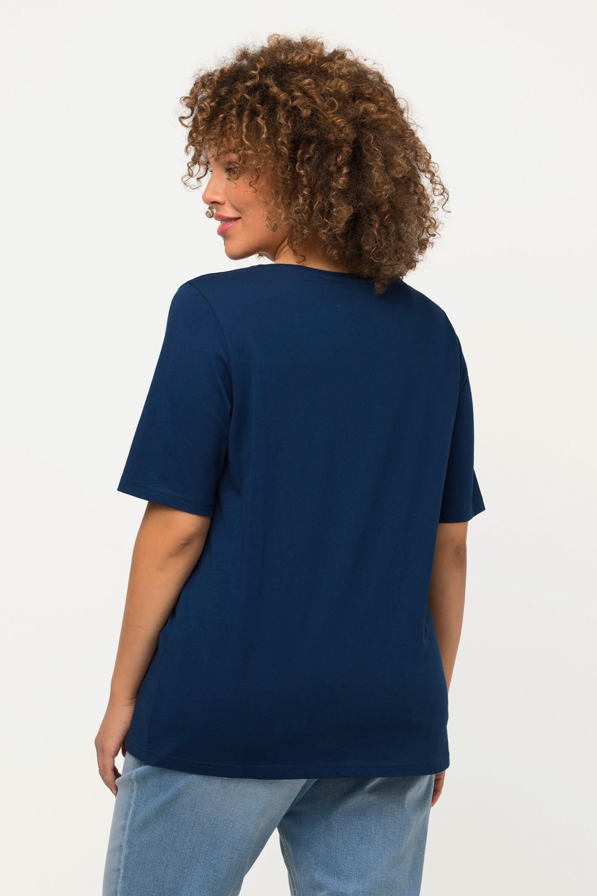 Ulla Popken  T-shirt con stampa marittima, scollo a V e mezze maniche 