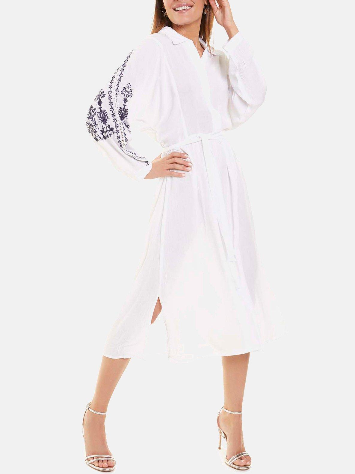 Image of Mittellanges Sommerkleid Mit Langen Ärmeln Damen Weiss M