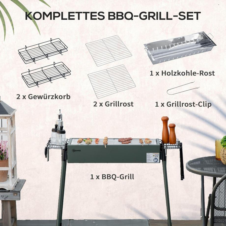 Northio Holzkohlegrill Campinggrill Mit Grillrost, Grillrost-Clip, Seitenkörbe, Rostfreier Stahl+Verzinkter Metall, Dunkelgrün  