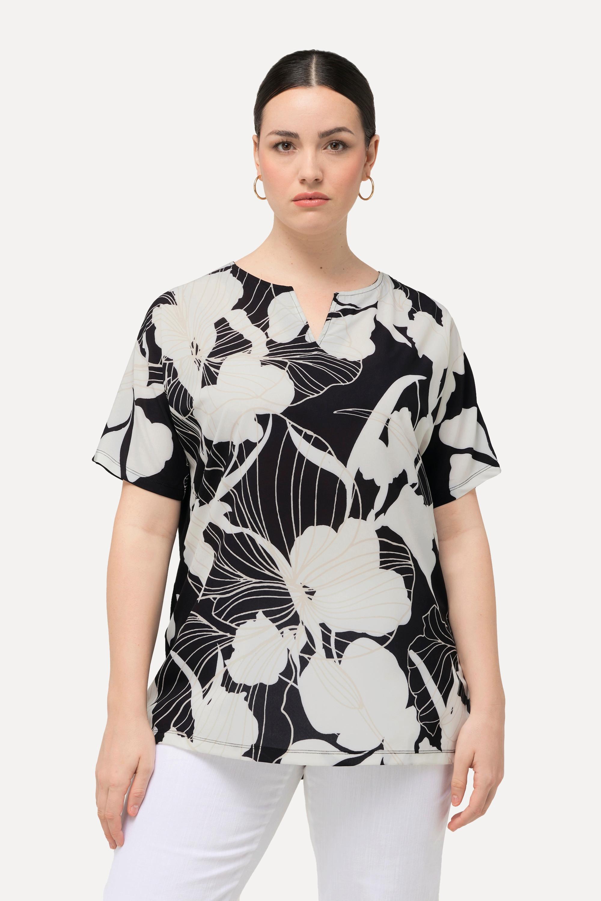 Ulla Popken  T-shirt oversized floral à col tunisien et manches courtes 