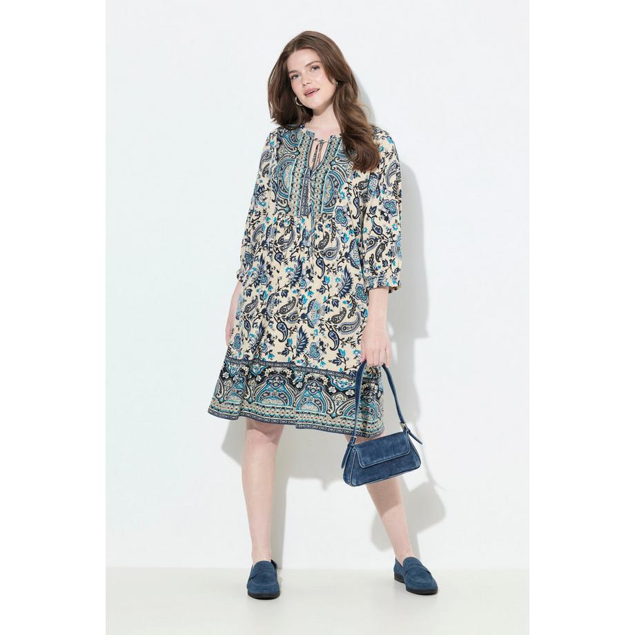 Ulla Popken Robe Imprimé Bohème Coupe Évasée Col Rond Manches 3/4  