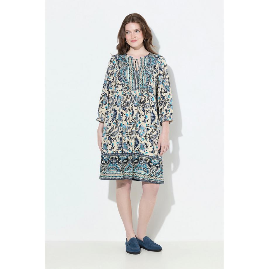 Ulla Popken Robe Imprimé Bohème Coupe Évasée Col Rond Manches 3/4  