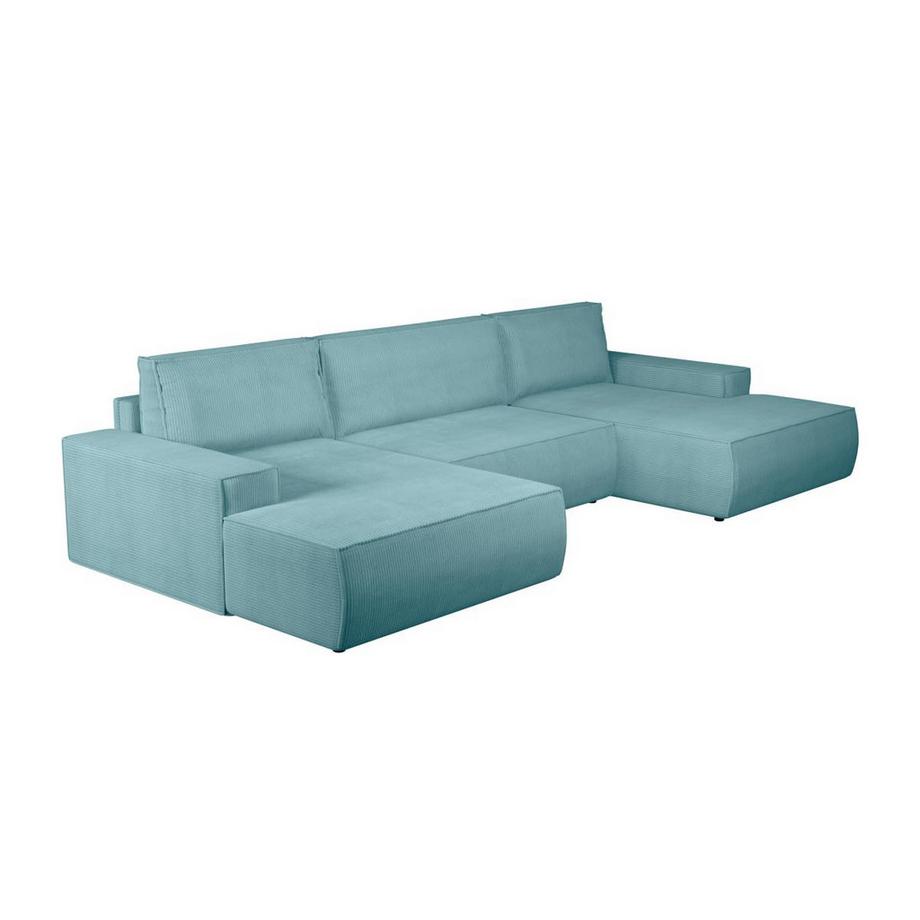 Vente-unique Grand canapé d'angle panoramique convertible en velours côtelé bleu turquoise AMELIA  