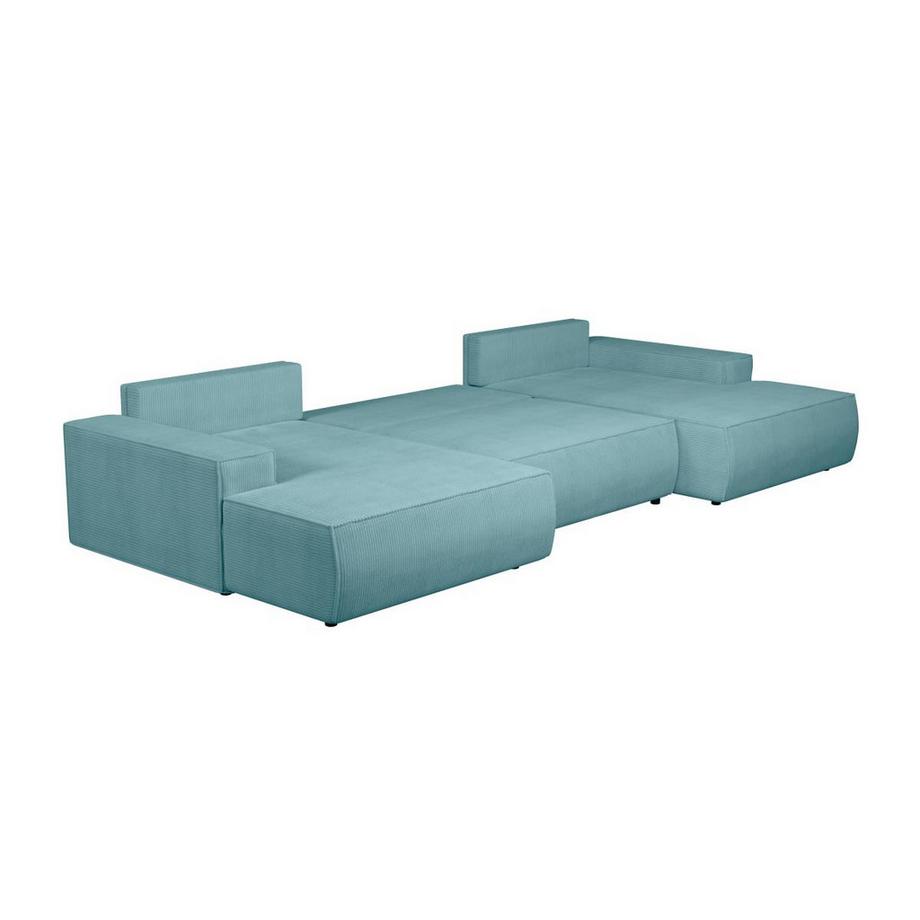 Vente-unique Grand canapé d'angle panoramique convertible en velours côtelé bleu turquoise AMELIA  