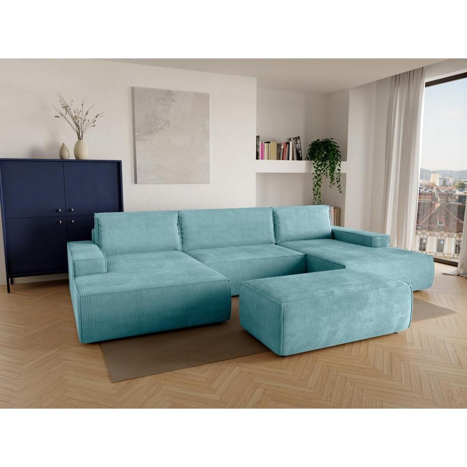 Vente-unique Grand canapé d'angle panoramique convertible en velours côtelé bleu turquoise AMELIA  