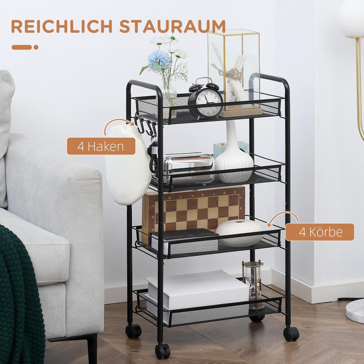 Northio Chariot de Service Amovible Chariot de Cuisine à 4 Niveaux avec Crochets Chariot de Rangement avec poignée Freins pour Cuisine Salon Acier Noir  