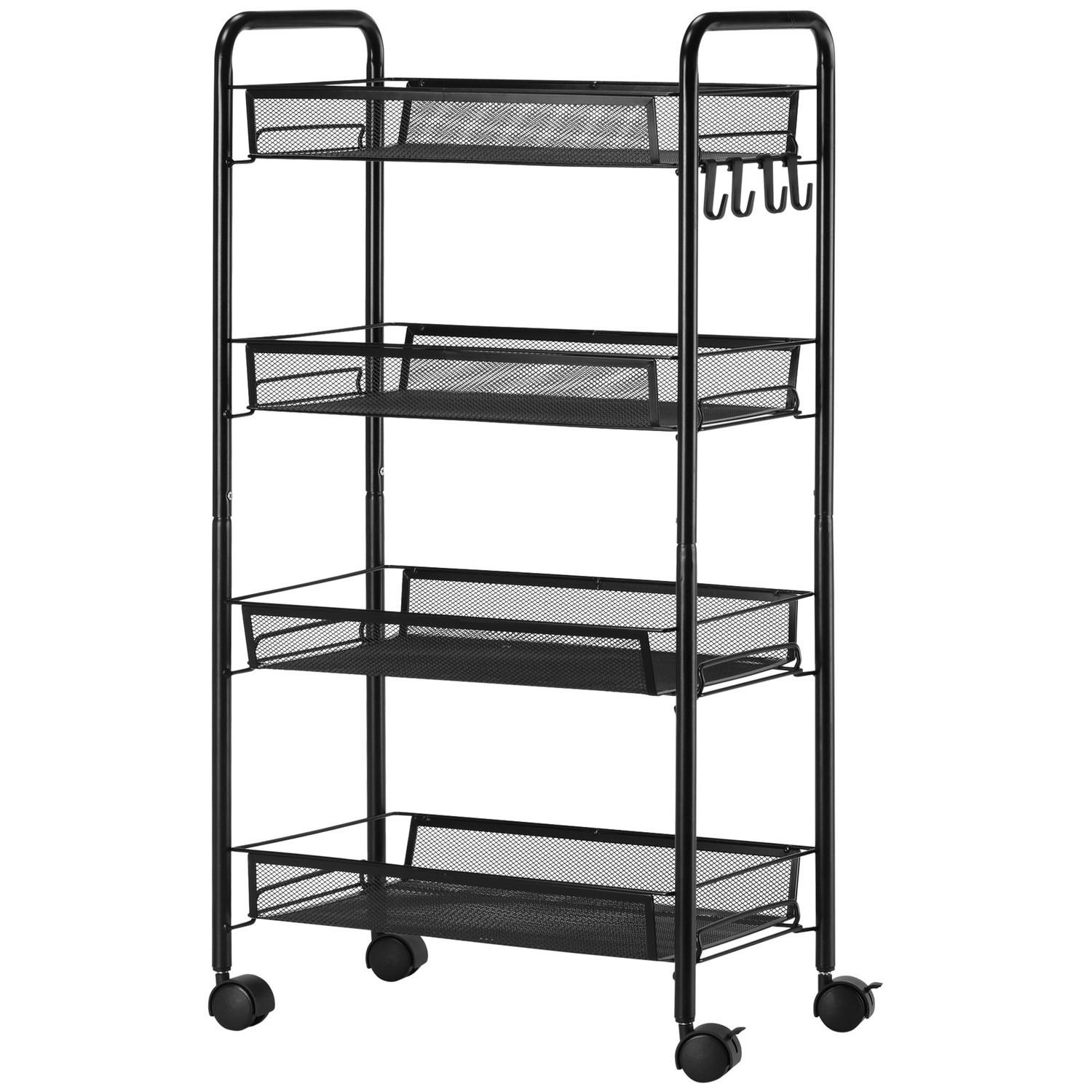 Northio Chariot de Service Amovible Chariot de Cuisine à 4 Niveaux avec Crochets Chariot de Rangement avec poignée Freins pour Cuisine Salon Acier Noir  
