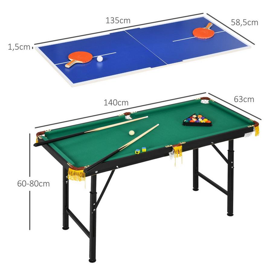 Northio  Multigame Spieletisch 2In1 Multifunktionstisch Tischtennis Billard Zubehör Kinder Jugendliche Erwachsene Stahl 140X63X60-80Cm Grün 