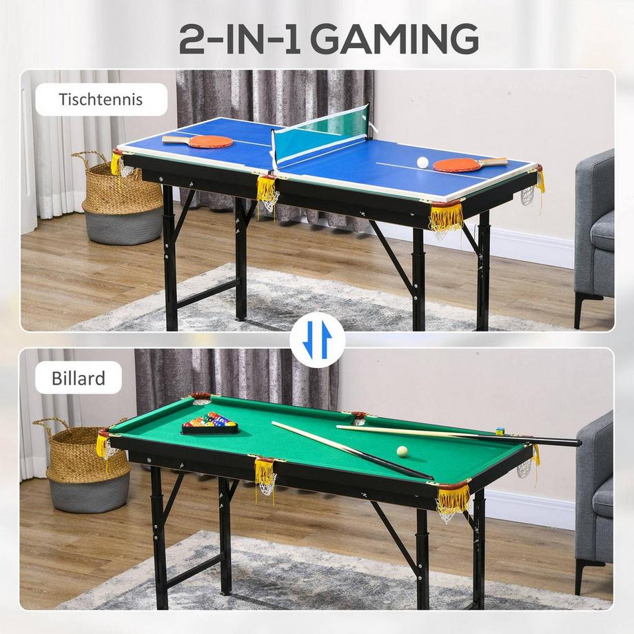 Northio  Multigame Spieletisch 2In1 Multifunktionstisch Tischtennis Billard Zubehör Kinder Jugendliche Erwachsene Stahl 140X63X60-80Cm Grün 