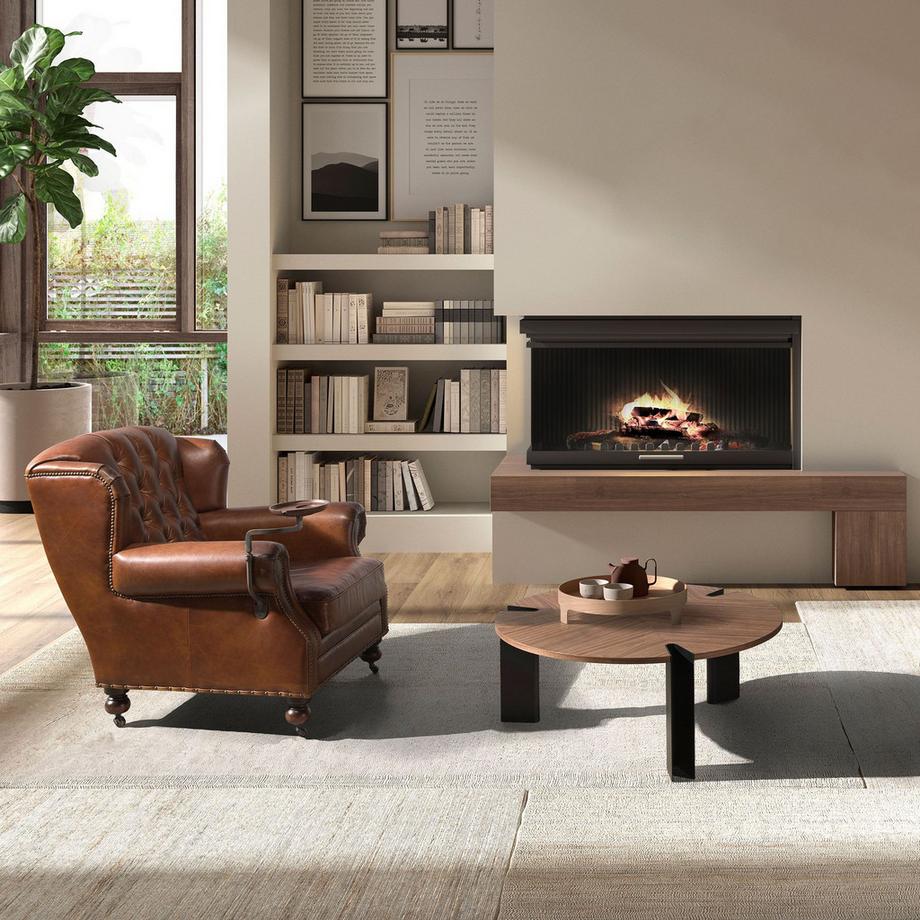 ANGEL CERDA Tavolino rotondo in noce e acciaio nero  