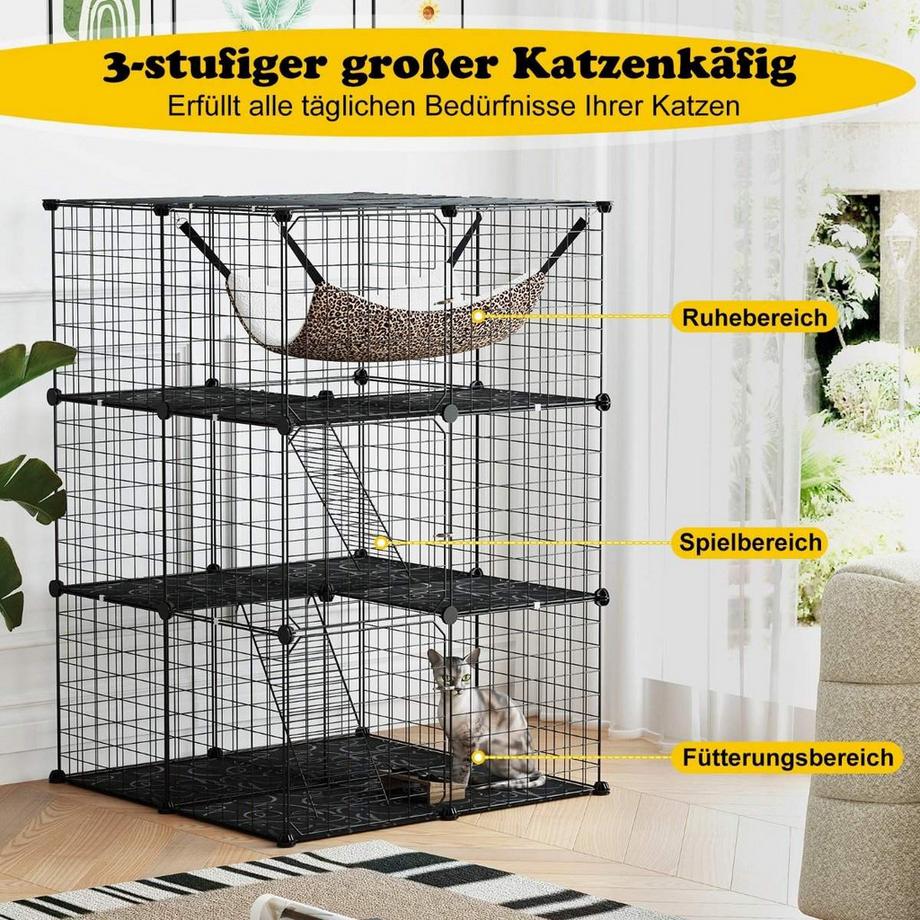 Northix  Cage pour chat 3 étages grand enclos pour chat avec hamac 2 échelles 3 portes et puits de lumière 