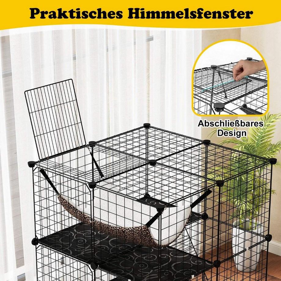 Northix  Cage pour chat 3 étages grand enclos pour chat avec hamac 2 échelles 3 portes et puits de lumière 