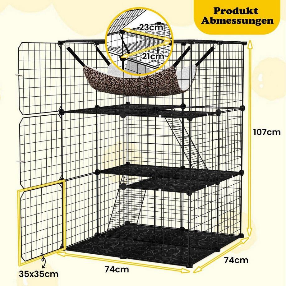 Northix  Cage pour chat 3 étages grand enclos pour chat avec hamac 2 échelles 3 portes et puits de lumière 