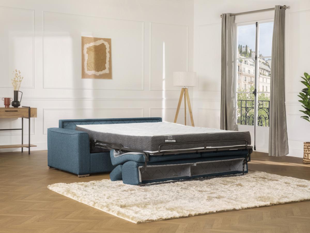 Vente-unique Divano letto 4 posti ribalta doghe larghe memory foam - Letto: 160 cm x 22 cm Tessuto Blu - VIZIR  