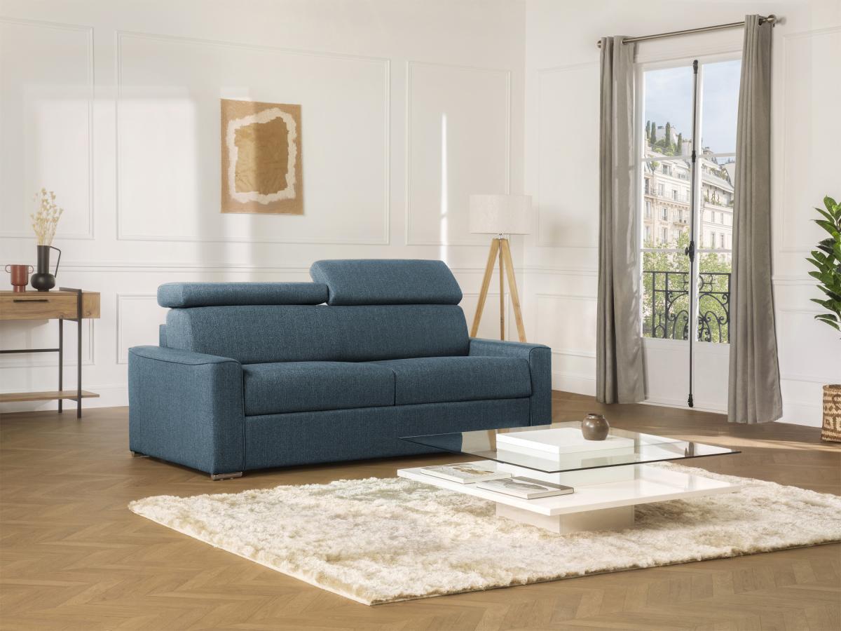 Vente-unique Schlafsofa 4-Sitzer - Liegefläche mit Lattenrost: 160 cm - Matratze: 22 cm mit Memory Schaum - Stoff - Blau - VIZIR  