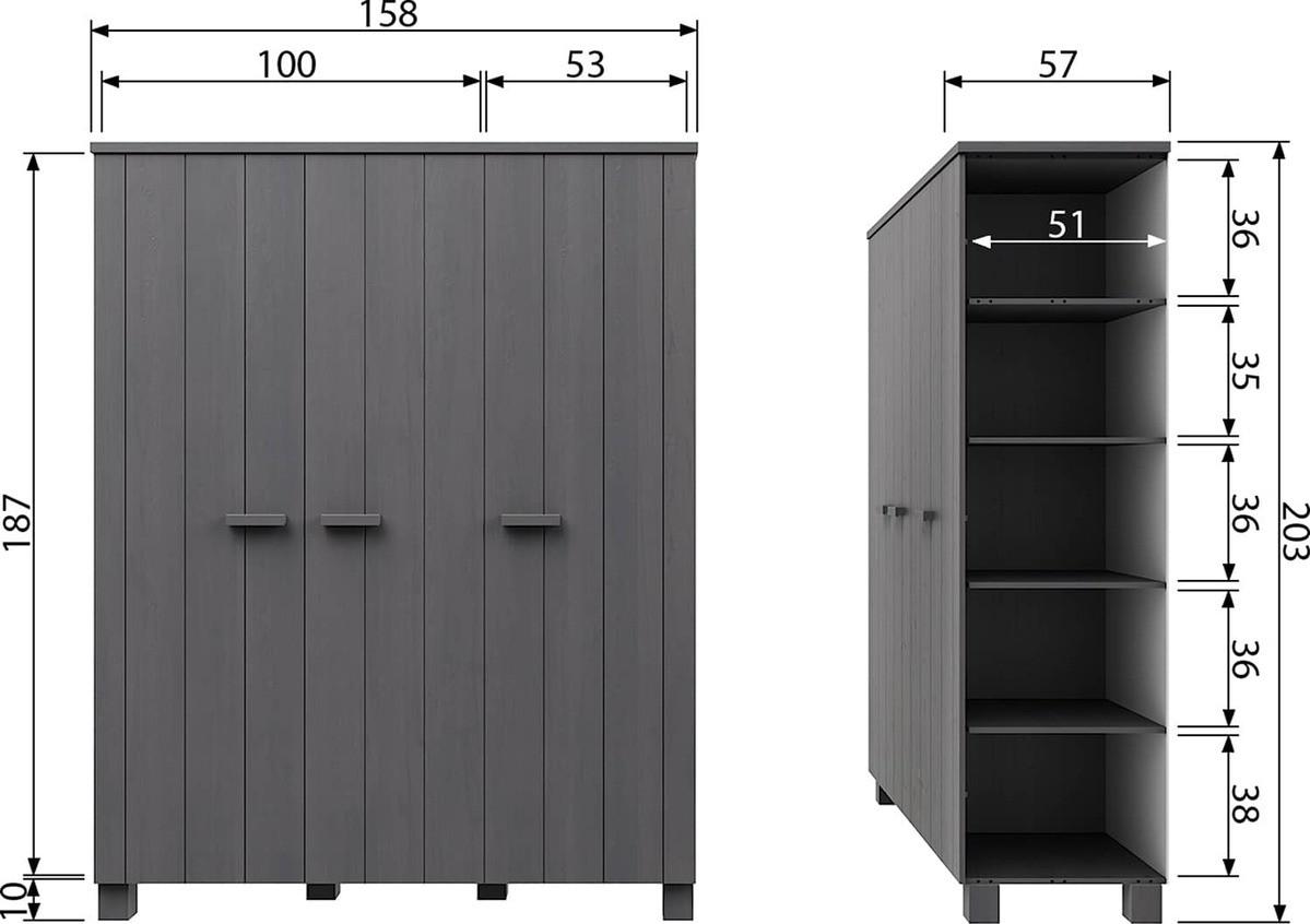 mutoni Armoire Dennis 3 portes pin gris acier  