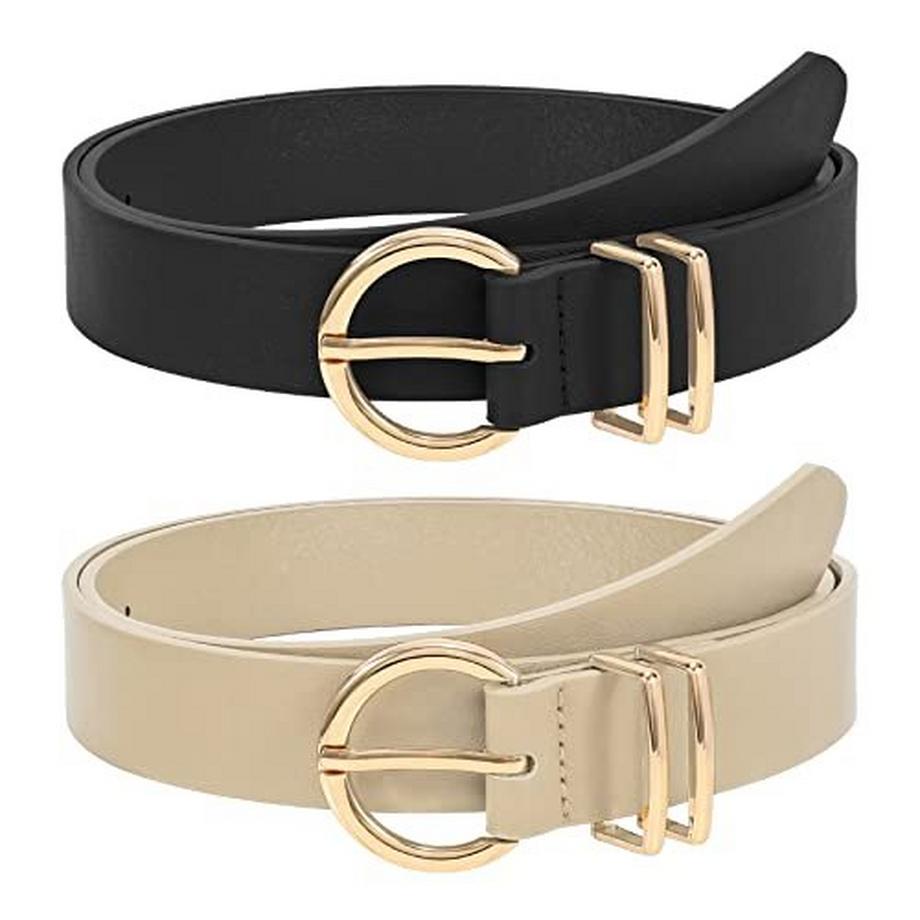 2 pièces ceinture en cuir boucle dorée ceinture en cuir pour robe pantalon jean, noir + beige 100cm