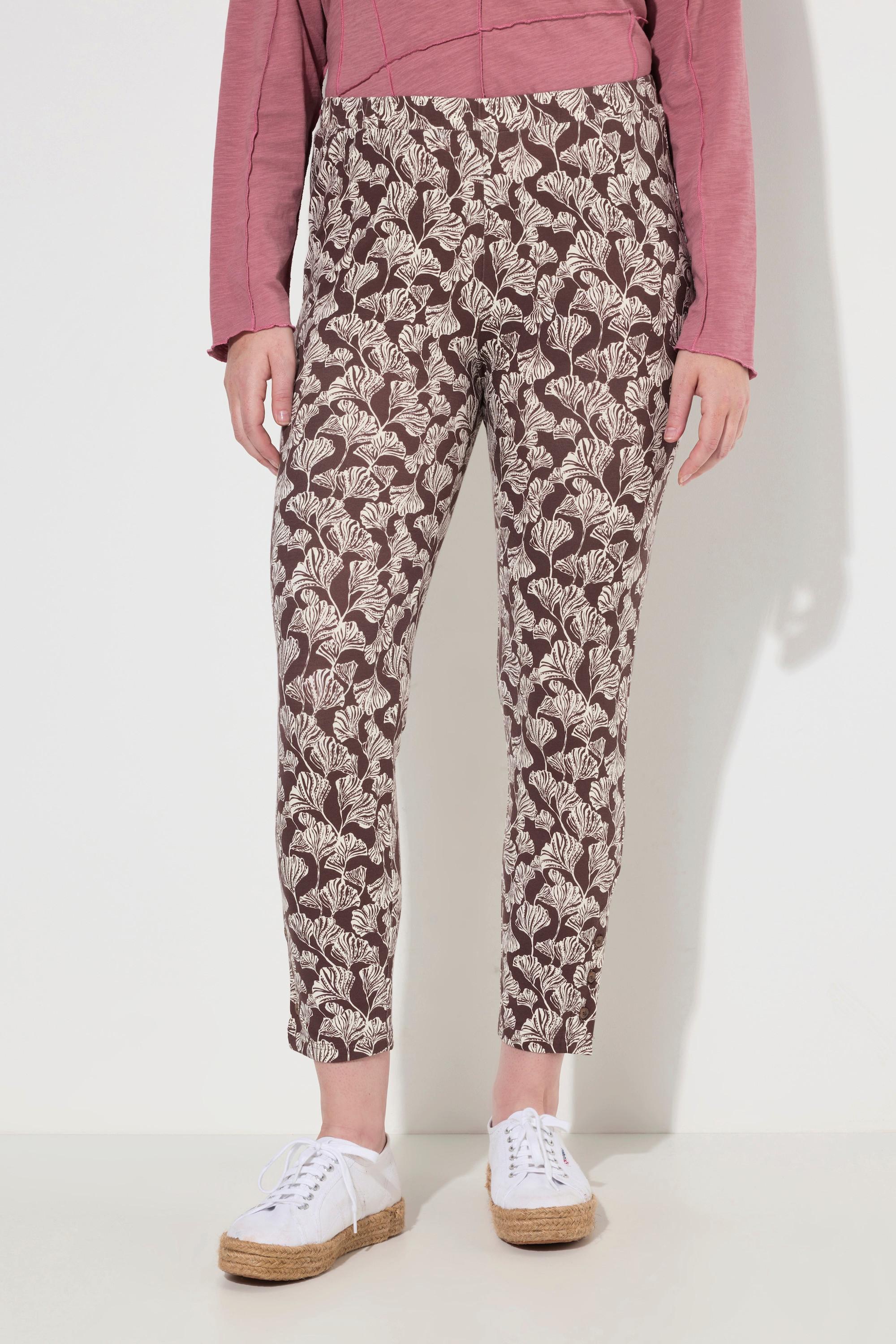 Ulla Popken  Legging en coton bio, motif feuilles et boutons fantaisie 