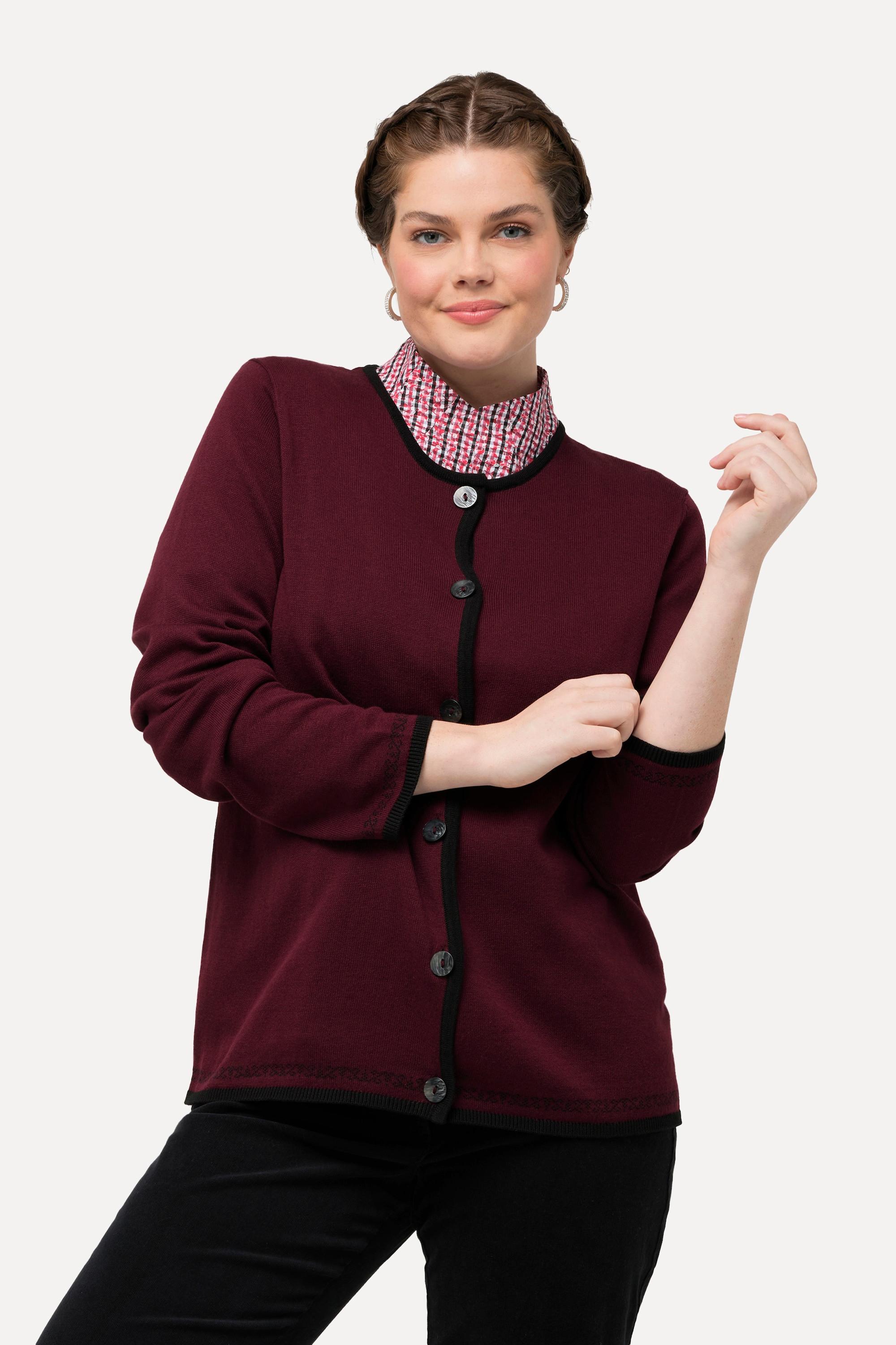 Ulla Popken  Cardigan classico in tradizionale stile Tracht con scollo rotondo e orli decorati 