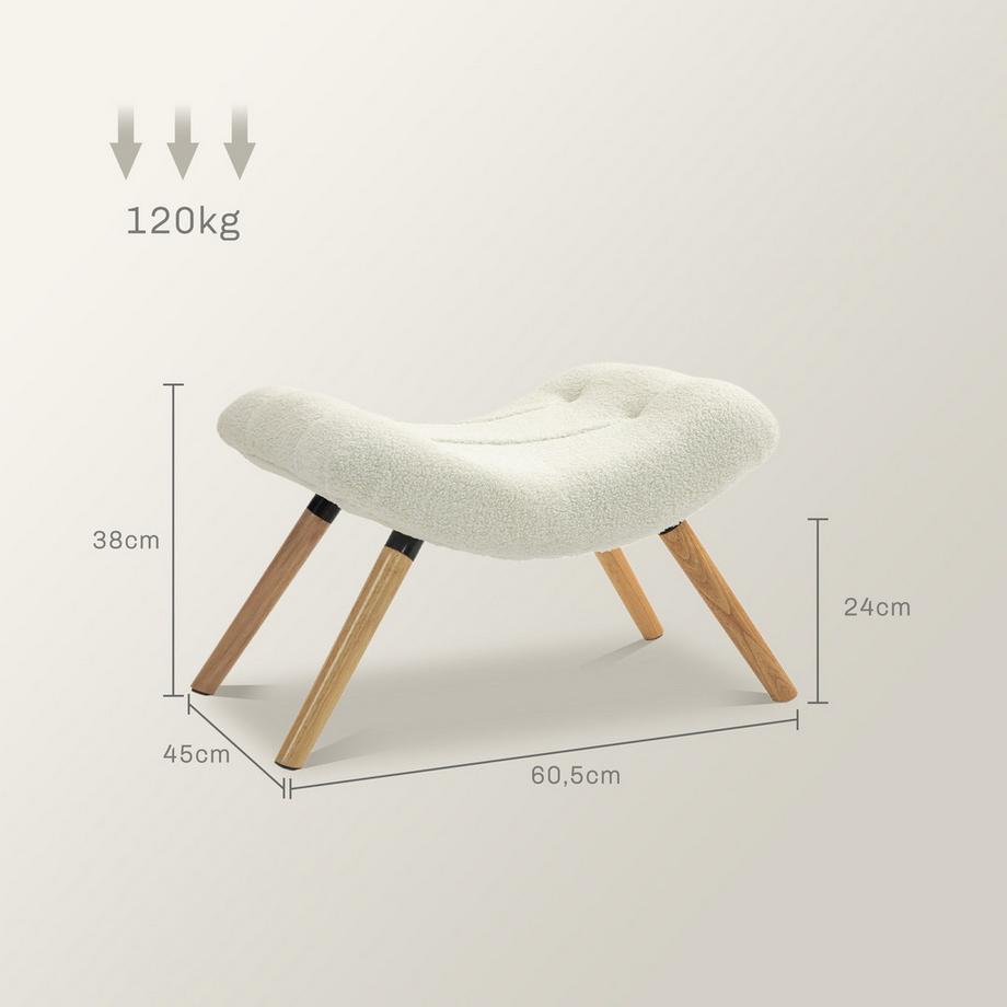 Northio Tabouret, repose-pieds en tissu polaire berbère, tabouret rembourré capacité de charge jusqu'à 120 kg, pour salon, chambre, 60,5 x 45 x 38 cm, blanc crème  