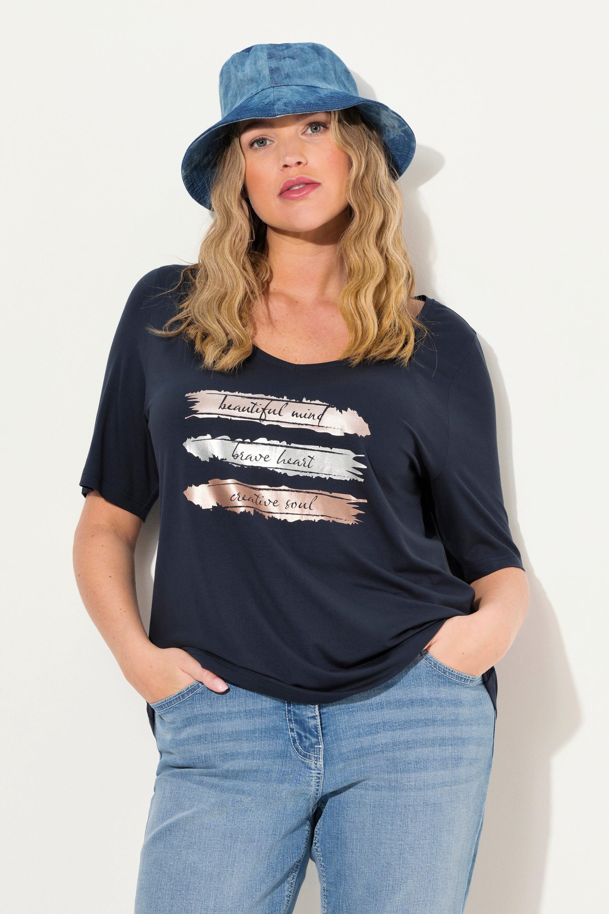 Ulla Popken  T-shirt Slim, col en V et manches courtes, imprimé métallisé 