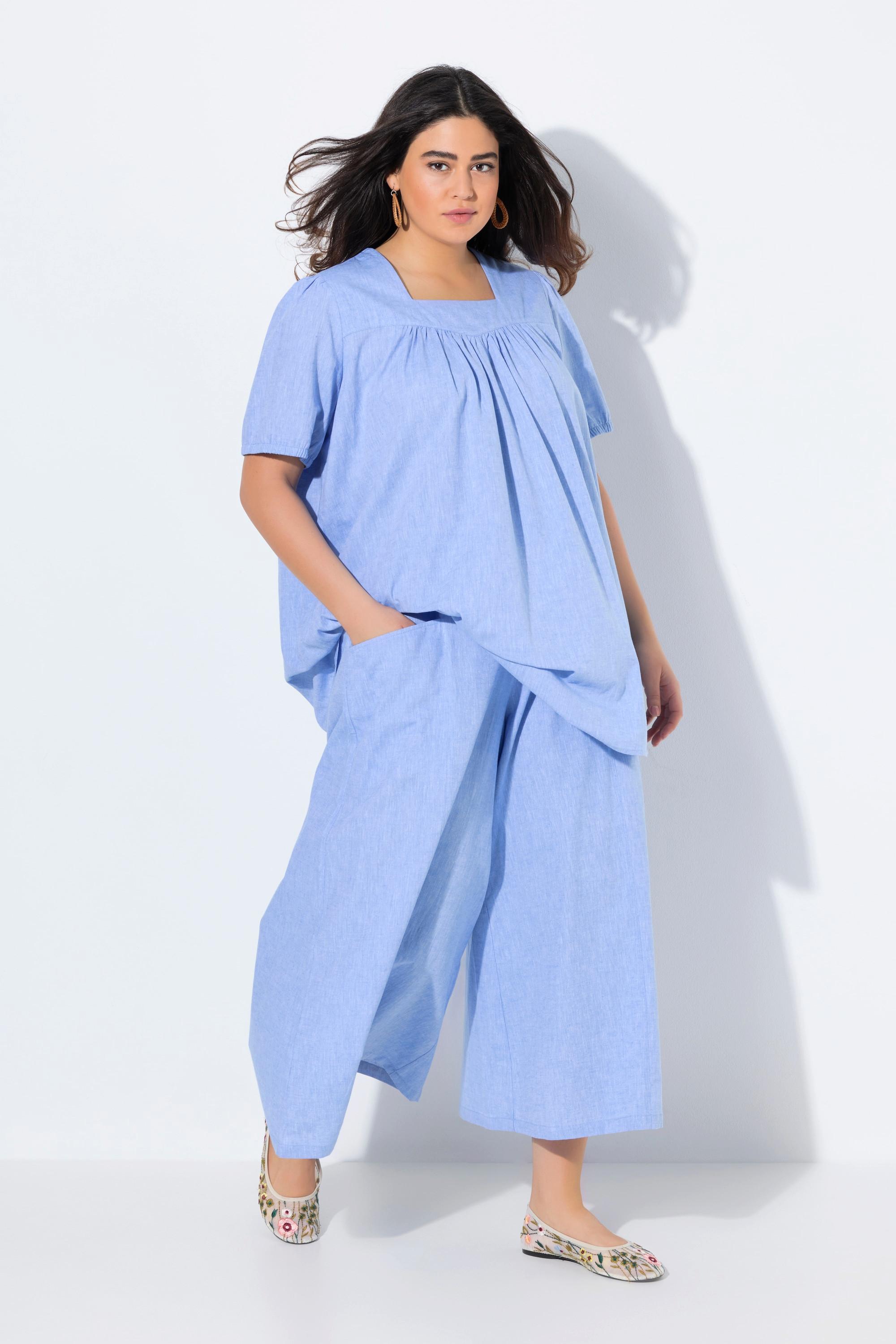 Ulla Popken Gonna Pantalone Palazzo Lunghezza Ginocchio Gamba Larga Misto Lino  