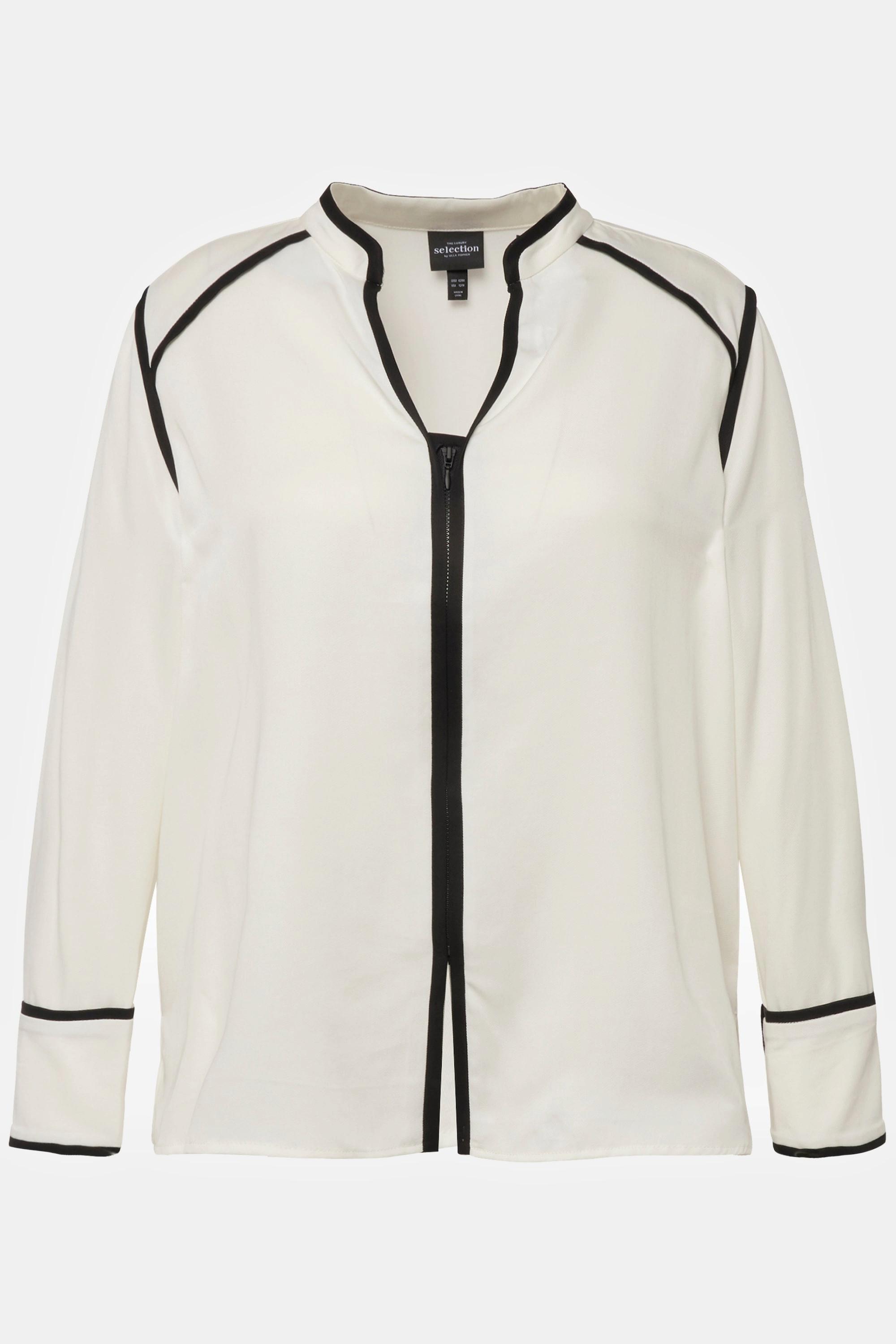 Ulla Popken  Blouse en Lyocell à manches longues. Fermeture à glissière, passepoils et col en V. 