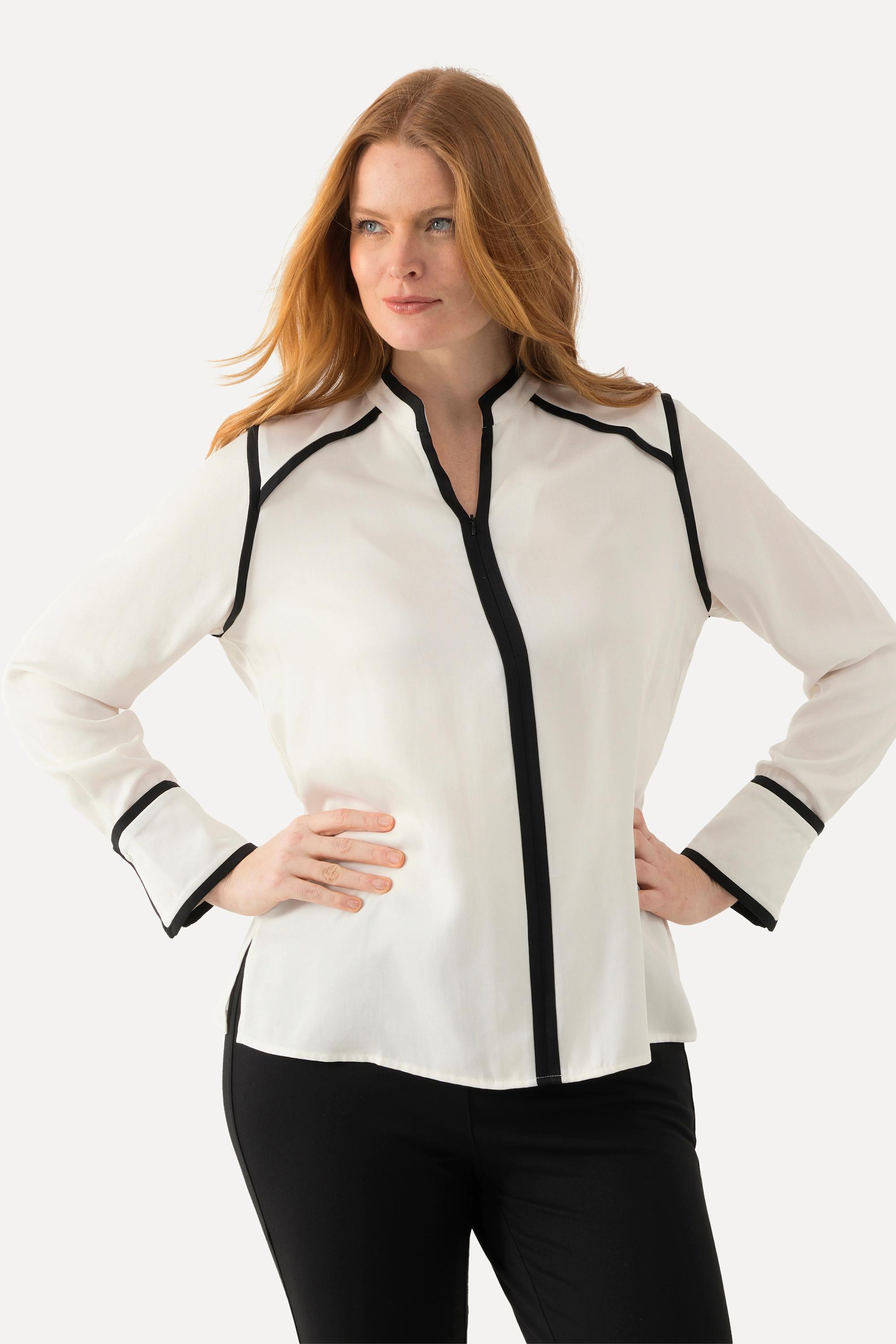 Ulla Popken  Blouse en Lyocell à manches longues. Fermeture à glissière, passepoils et col en V. 