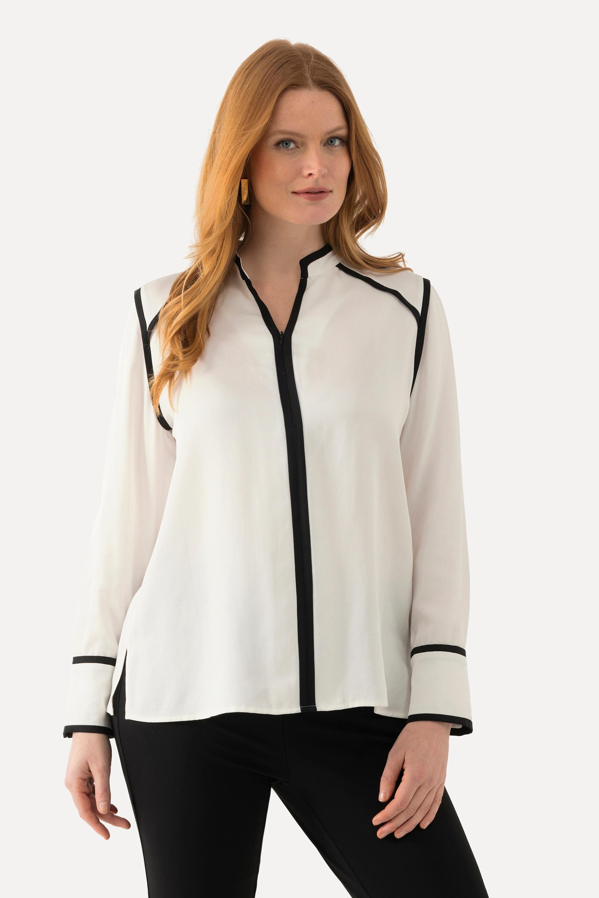 Ulla Popken  Blouse en Lyocell à manches longues. Fermeture à glissière, passepoils et col en V. 