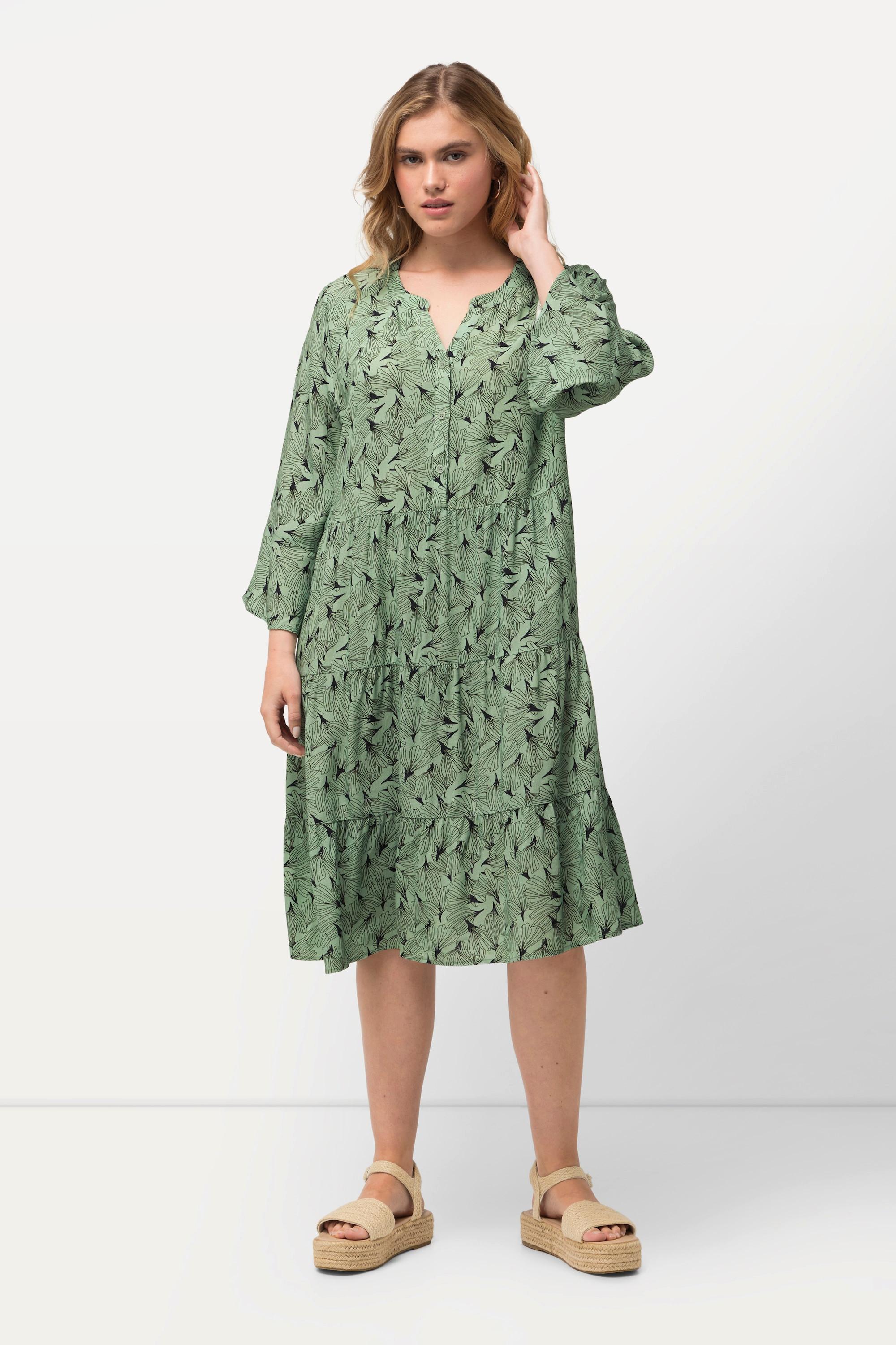 Ulla Popken  Robe midi, manches courtes et col tunisien. Silhouette en A. Imprimé floral. 