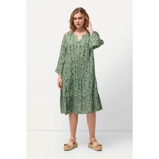 Ulla Popken  Robe midi, manches courtes et col tunisien. Silhouette en A. Imprimé floral. 