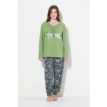 Pyjama, Schriftmotiv, Blüten, V-Ausschnitt, Langarm