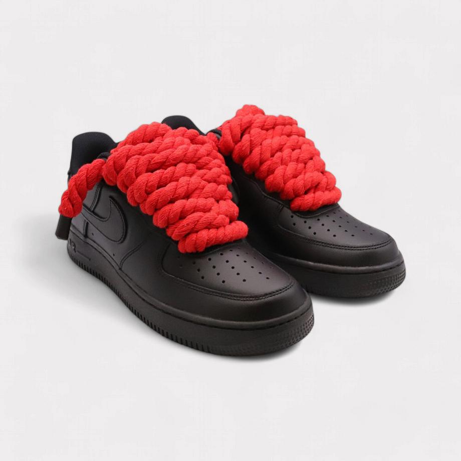 NIKE Air Force 1 Black Rope Lace Red Sneakers  